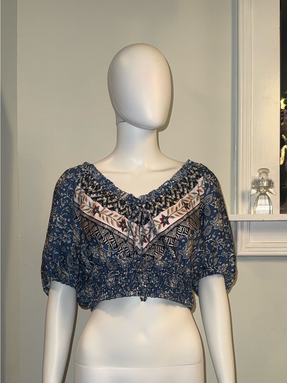 Joie Navy Floral Embroidered Smocked Crop Top
